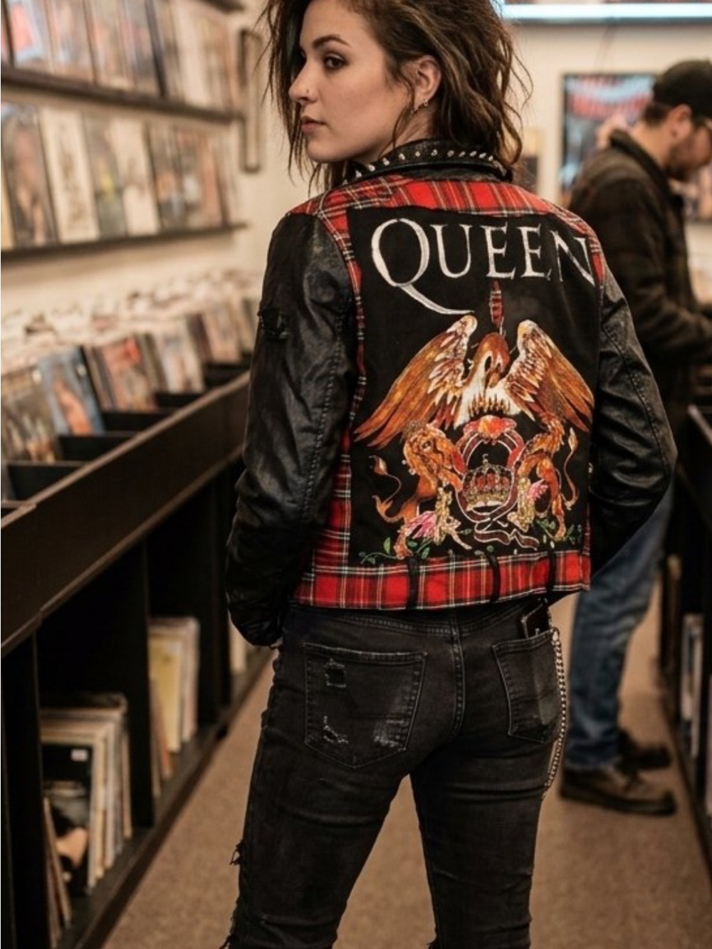 Queen Graphic Plaid Moto Jacket - Red & Black